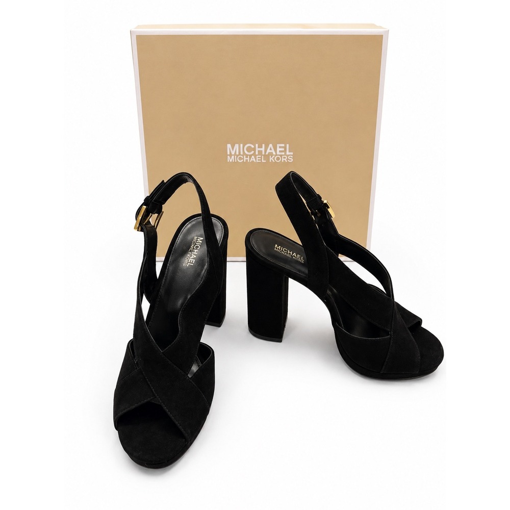 Michael Kors Becky Black Suede Platform Heel Slingback Sandals 8M NIB